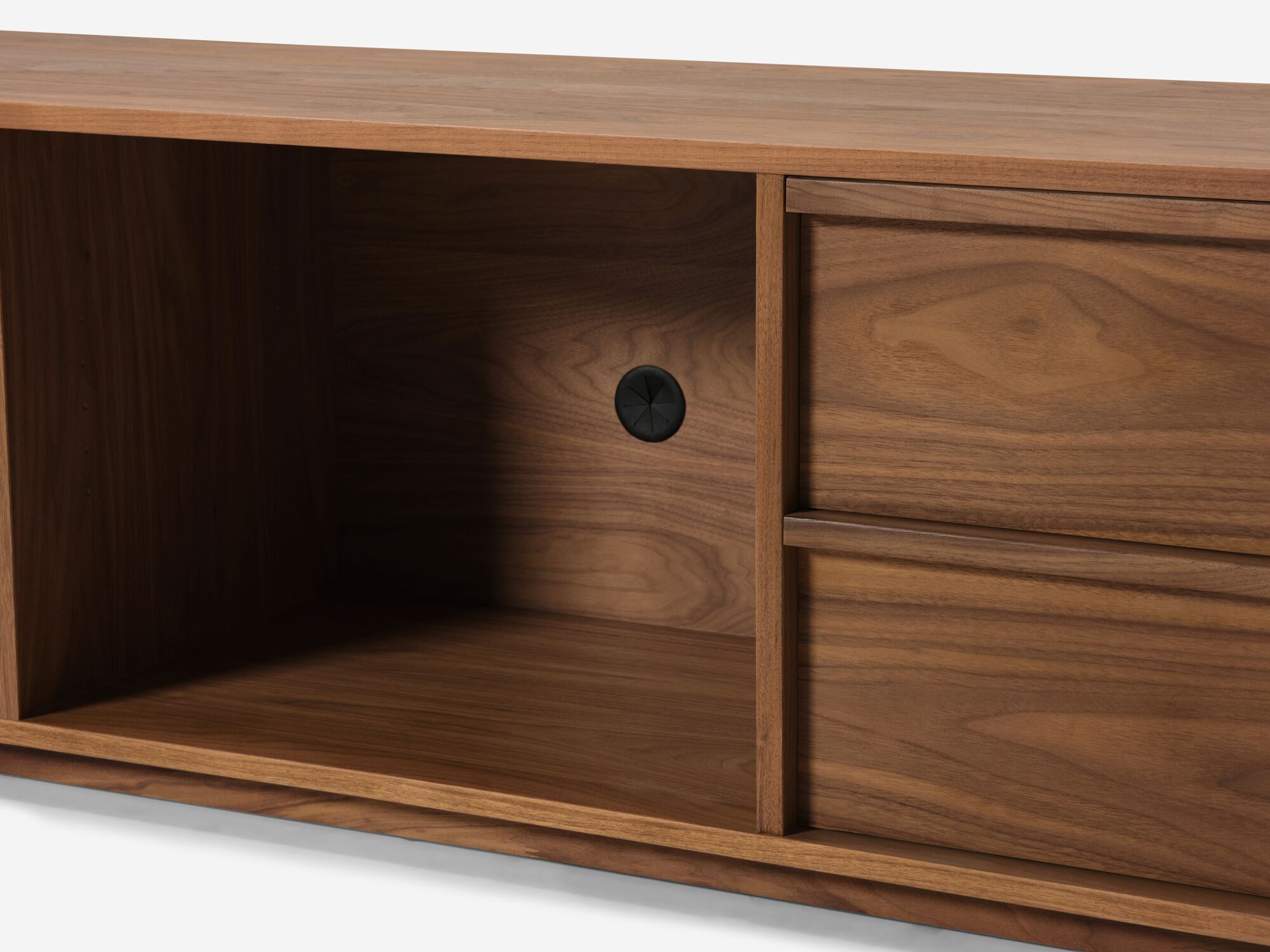 Modern walnut tv stand with shelf removed centre detail view